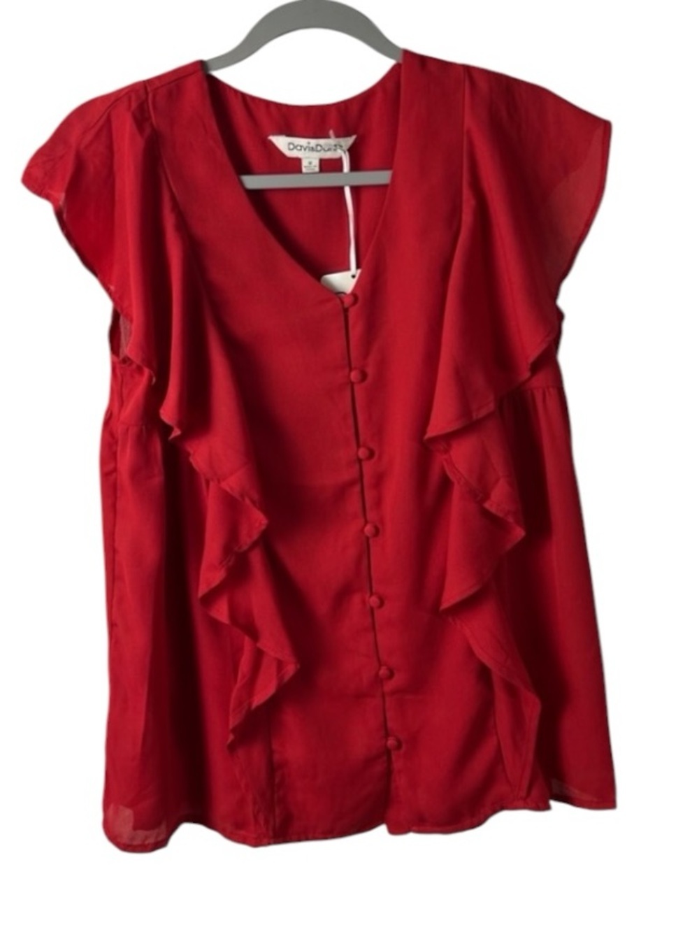 DAVI & DANI Red Ruffle Button-Front Blouse
